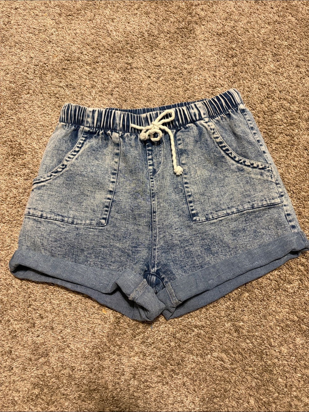 Women’s High-Rise Paper Bag‎ Light Acid Wash Blue Denim Drawstring Shorts Medium